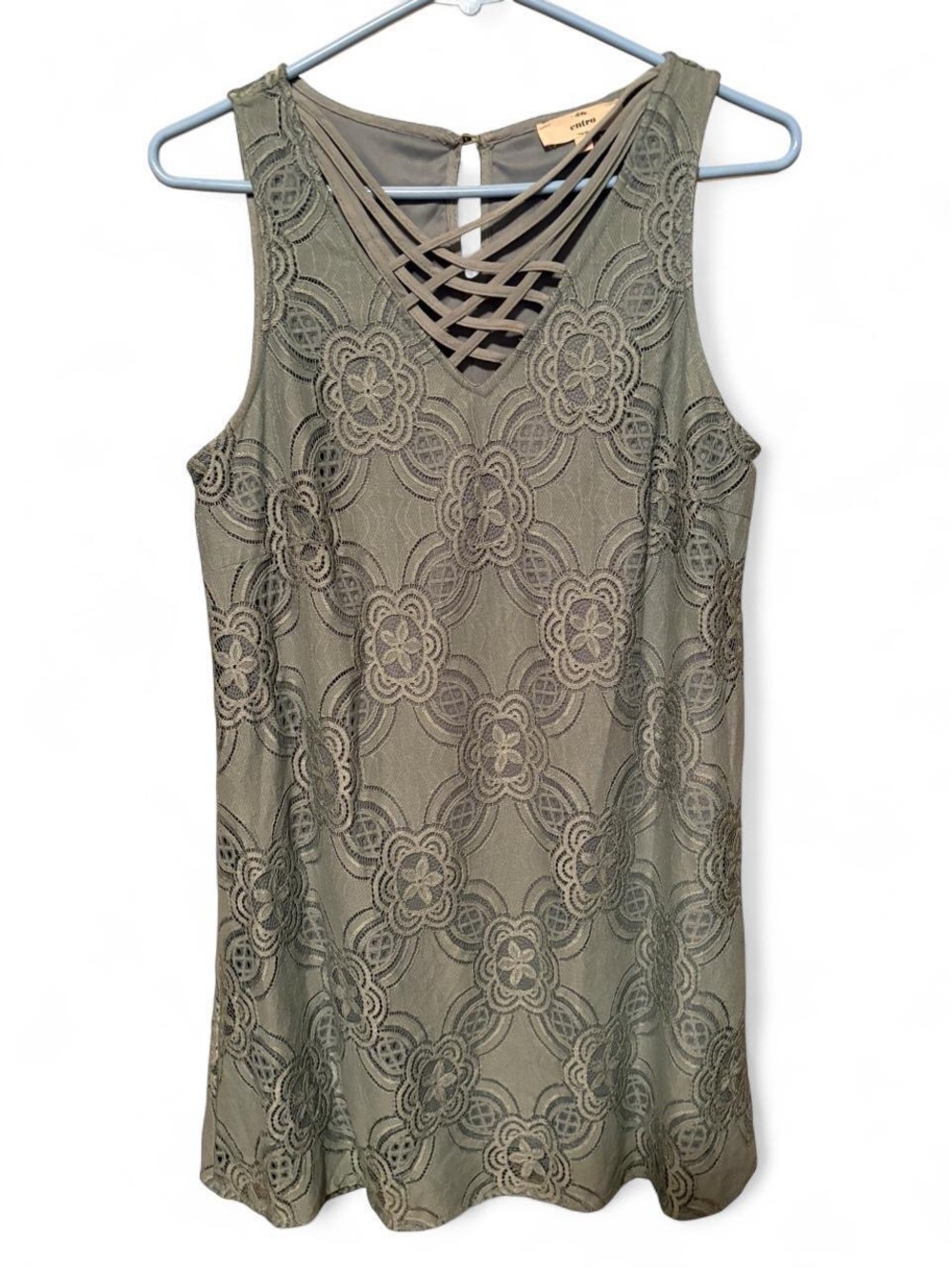 entro Olive Green Sleeveless Lace Overlay Dress Small